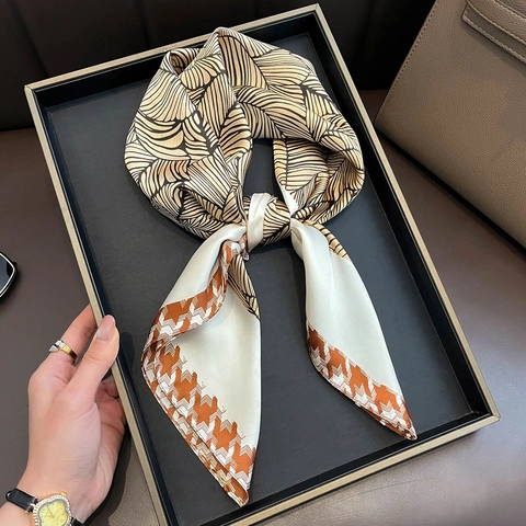 Elegant Women Satin Polyester Square Scarf Leaf Pattern Houndstooth Border Retro Neckerchief Fashion Shawl Accessory