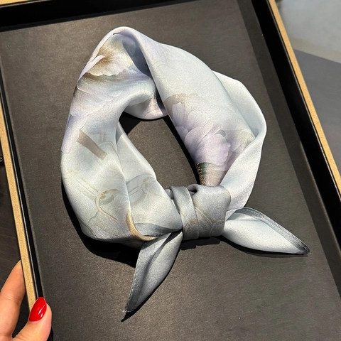 Women Elegant Floral Print Mulberry Satin Square Scarf Lightweight Smooth Neck Wrap Accessory For Daily Office Wear
