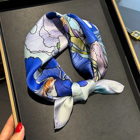 Fashion Mulberry Satin Scarf Elegant Iris Floral Print Small Square Decorative Neck Head Wrap For Women