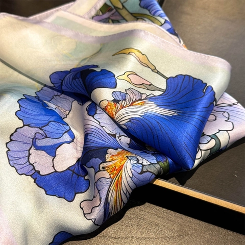 Fashion Mulberry Satin Scarf Elegant Iris Floral Print Small Square Decorative Neck Head Wrap For Women