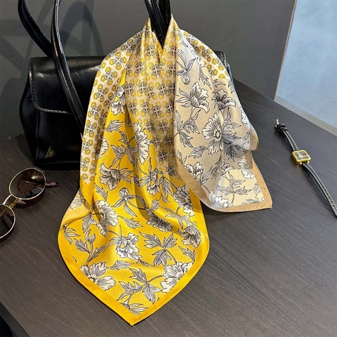 Women Mulberry Satin Square Scarf Floral Print Retro Elegant Neck Kerchief Lightweight Fashion Versatile Scarf