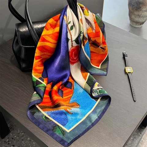 Mulberry Satin Square Scarf Art Oil Painting Print Rose Violin Pattern Elegant Lightweight Versatile Thin Neck Wrap