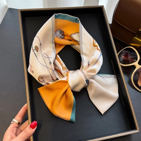 Women Skinny Scarf Long Satin Feel Polyester Twilly Neck Tie Bag Scarf Headband Elegant Floral Paisley Fashion Accessories