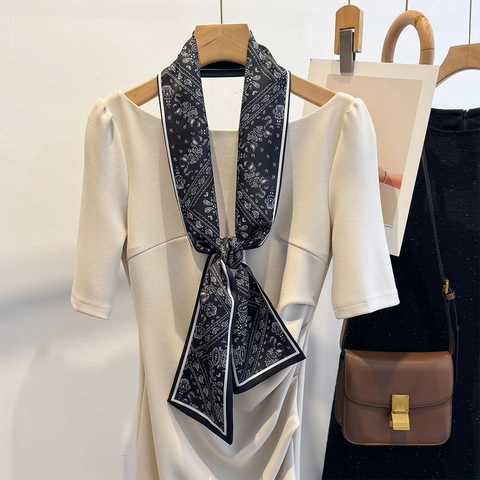 Women Skinny Scarf Long Satin Feel Polyester Twilly Neck Tie Bag Scarf Headband Elegant Floral Paisley Fashion Accessories
