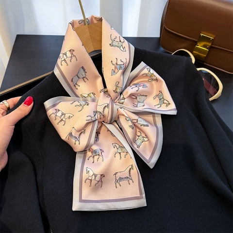 Long Narrow Horse Print Scarf Polyester Satin Elegant Twilly Bag Decor Tie Handbag Accessory Women