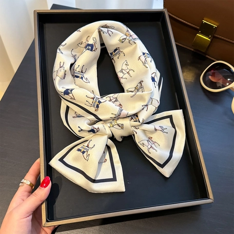 Long Narrow Horse Print Scarf Polyester Satin Elegant Twilly Bag Decor Tie Handbag Accessory Women