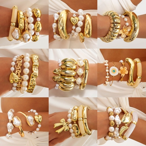 Stackable Bracelets Alloy Gold Plated Faux Artificial Pearl Irregular Geometric Liquid Metal Effect Vintage Punk Style Women