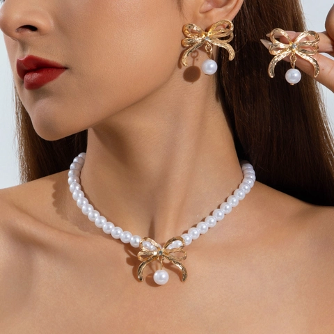 Imitation Artificial Pearl Necklace And Earrings Alloy Rhinestone Bowknot Pendant French Elegant Vintage Jewelry For Women