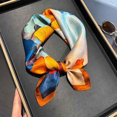 Elegant Square Scarf Mulberry Satin Floral Print Neck Kerchief For Women Vintage Oil Painting Style Fashion Accessory