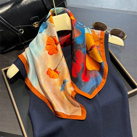 Elegant Square Scarf Mulberry Satin Floral Print Neck Kerchief For Women Vintage Oil Painting Style Fashion Accessory