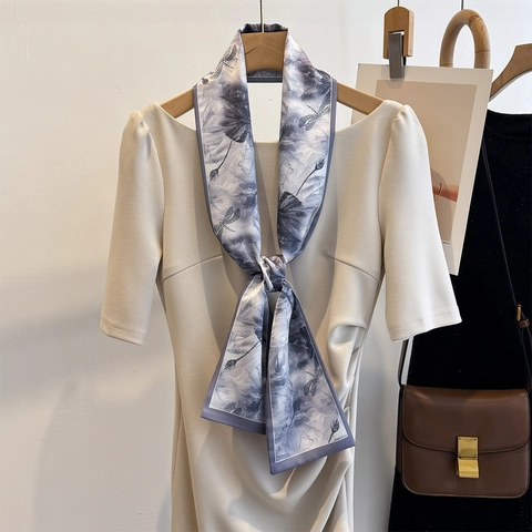 Sciarpa Sottile Elegante Per Donna Sensazione Raso Cravatta Lunga Stampa Floreale Libellula Nastro Decorativo Per Borsa Accessorio Fascia