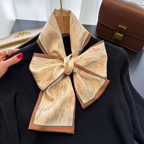 Blumenmuster Lange Schmale Satinnschal Elegant Polyester Twilly Halstuch Für Damen Anzug Accessoire Haarband Tasche Deko