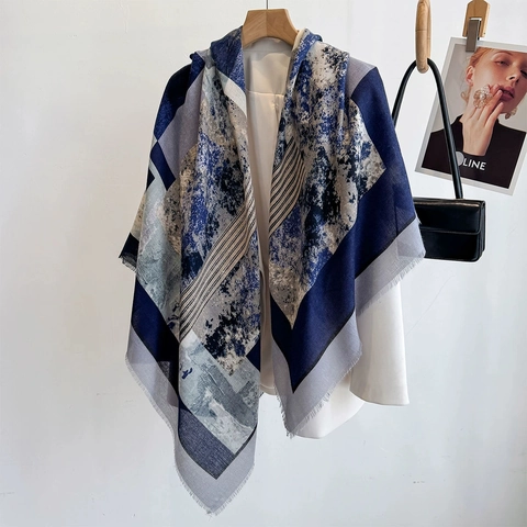 Damen Patchwork Geometrisch Abstrakt Kunst Schal Großes Quadratisches Tuch Leichter Polyester Schal Eleganter Fransen Accessory