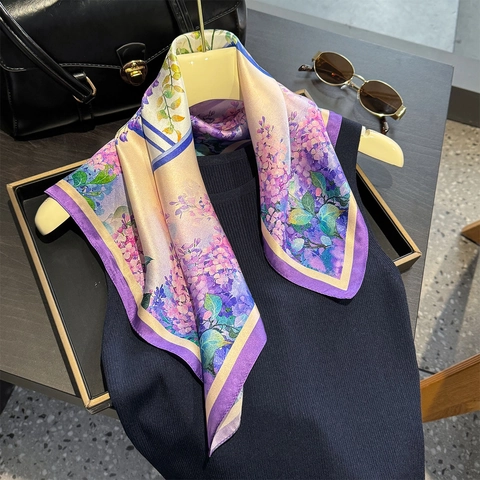 Elegant Mulberry Silk Square Scarf For Women Floral Lavender Printed Silk Scarf Fashion Shawl Sun Protection Neck Scarf Luxury Hair Scarf