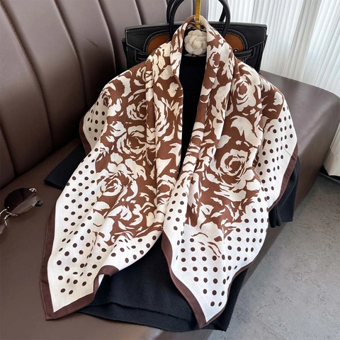 Elegant Camellia Floral Polka Dot Print Square Scarf Satin Faux Satin Large Headscarf Neck Scarf For Women Retro Style