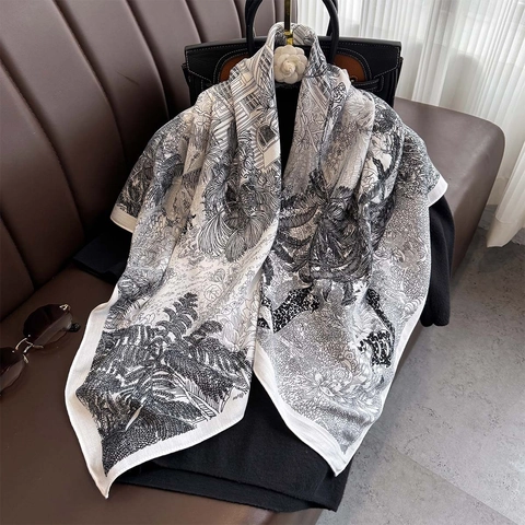 Vintage Floral Square Scarf Elegant Jungle Leopard Print Polyester Satin Feeling Neckerchief Shawl For Women