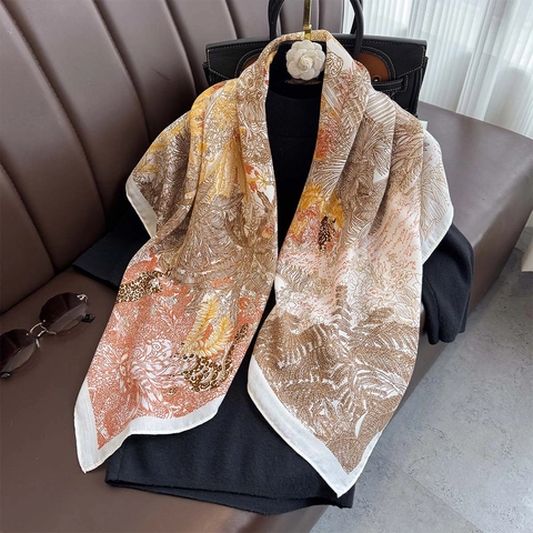 Vintage Floral Square Scarf Elegant Jungle Leopard Print Polyester Satin Feeling Neckerchief Shawl For Women