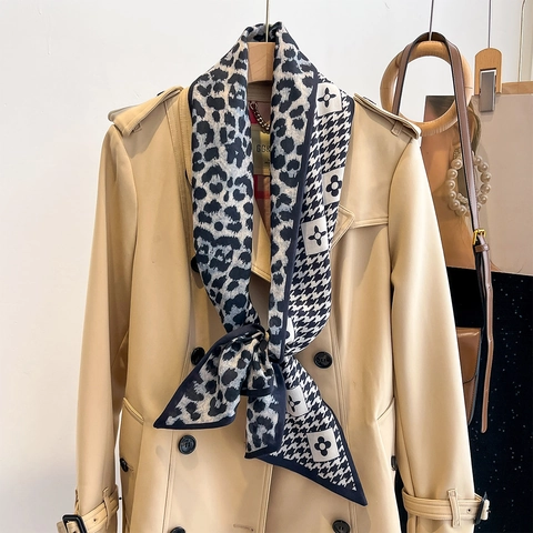 Women Long Narrow Satin Like Scarf Polyester Neck Scarf Camellia Flower Houndstooth Checkerboard Elegant Fashion Accessory