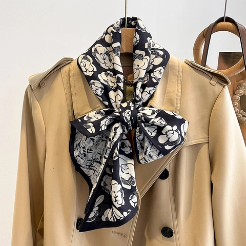 Women Long Narrow Satin Like Scarf Polyester Neck Scarf Camellia Flower Houndstooth Checkerboard Elegant Fashion Accessory