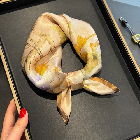 Mulberry Satin Square Scarf Elegant Peony Floral Print Neck Head Scarf For Women Vintage Luxury Fashion Accessory