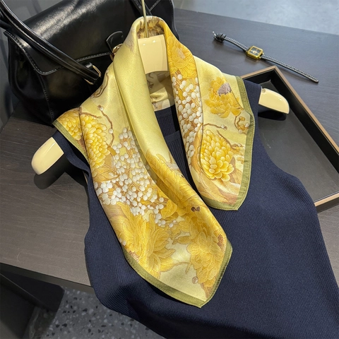 Mulberry Satin Square Scarf For Women Floral Printed Elegant Neck Scarf Versatile Luxurious Lightweight Accessory