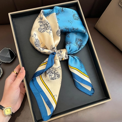 Women's Fashion Floral Print Satin Square Scarf Elegant French Style Contrast Color Patchwork Neck Scarf Handbag Accessory