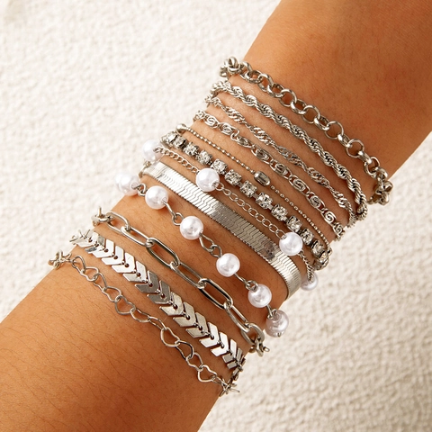 Stackable Multi Layer Bracelets Alloy Faux Artificial Pearl Rhinestone Adjustable Fashion Jewelry For Women