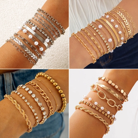 Stackable Multi Layer Bracelets Alloy Faux Artificial Pearl Rhinestone Adjustable Fashion Jewelry For Women