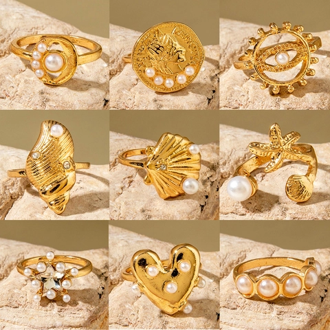 Vintage Gold Color Alloy Pearl Ring Set For Women Bohemian Ocean Style Shell Starfish Evil Eye Coin Finger Ring