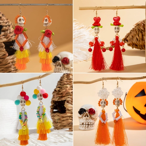 Pendientes Colgantes de Calavera de Halloween Día de los Muertos Mexicano Pendientes de Borla Resina Esqueleto Rosa Punk Gótico Joyería para Mujer
