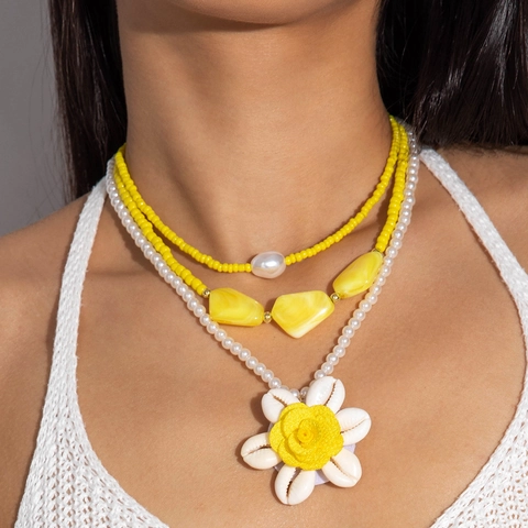 Bohemian Multi Layer Necklace With Shell Flower Pendant Yellow Beads Imitation Artificial Pearl For Women Summer Beach Vacation