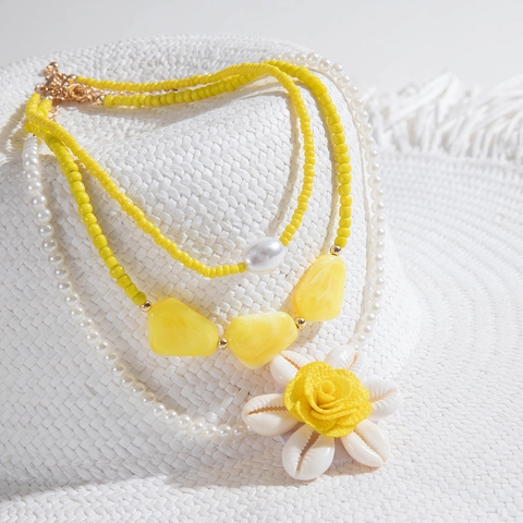 Bohemian Multi Layer Necklace With Shell Flower Pendant Yellow Beads Imitation Artificial Pearl For Women Summer Beach Vacation