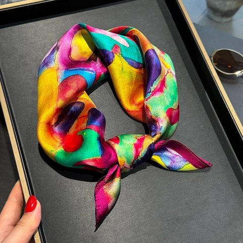 Foulard Quadrato In Raso Di Gelso Di Lusso Per Donna Stampa Pittura A Olio Astratta Colorata Accessorio Elegante