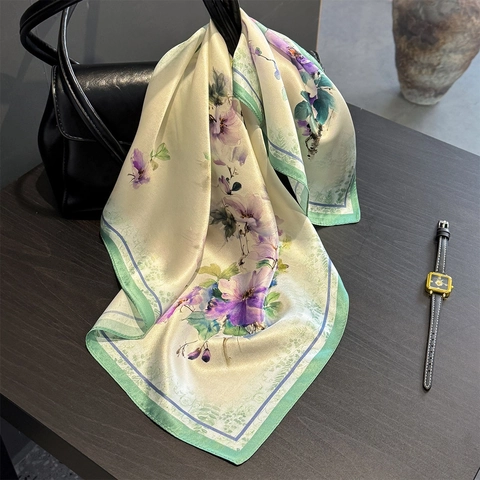 Foulard Quadrato In Raso Di Gelso Elegante Donna Stampa Floreale Bandana Moda Versatile Accessorio Leggero