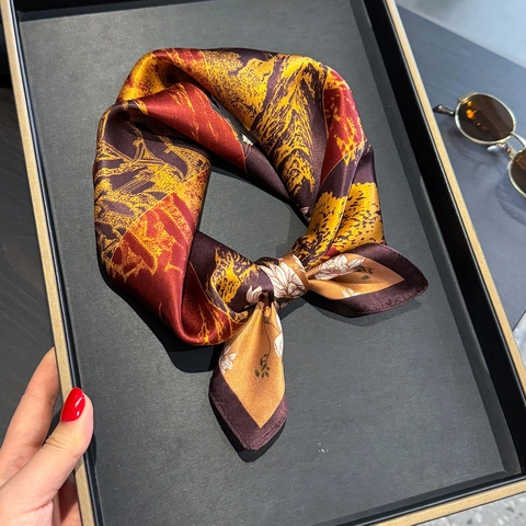 Mulberry Satin Square Scarf National Style Printed Retro Landscape Floral Satin Elegant Neck Kerchief For Women