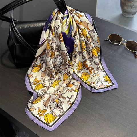 Elegant Square Scarf Mulberry Satin Floral Iris Print Neckerchief For Women Fashion Accessory