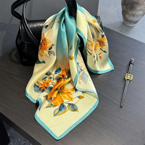 Mulberry Satin Square Scarf Elegant Floral Print Satin Satiny Neck Wrap For Women Fashion Office Lady
