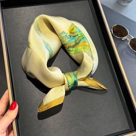 100% Mulberry Silk Square Scarf For Women Fashion Elegant Landscape Oil Painting Print Small Neck Scarf Professional Foulard