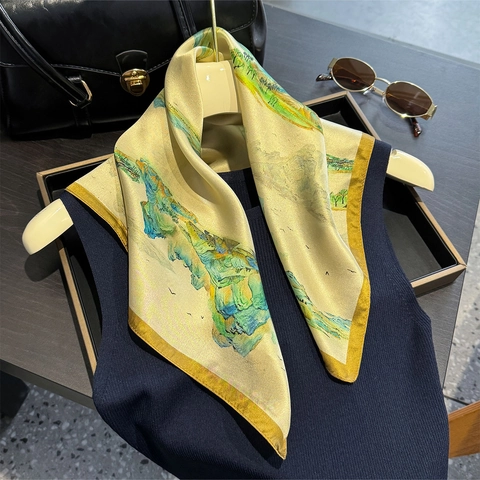 100% Mulberry Silk Square Scarf For Women Fashion Elegant Landscape Oil Painting Print Small Neck Scarf Professional Foulard