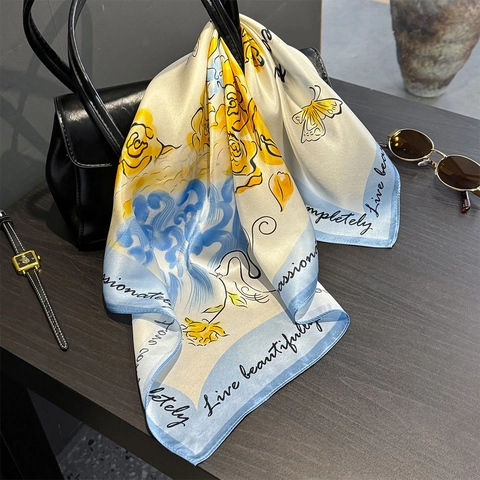 Mulberry Silk Square Scarf Rose Flower Swan Printed Silk Neck Scarf For Women Lightweight Elegant Bandana Hair Scarf Gift