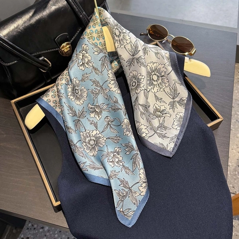 Elegant Floral Print Mulberry Satin Square Scarf Lightweight Fashion Accessory For Women