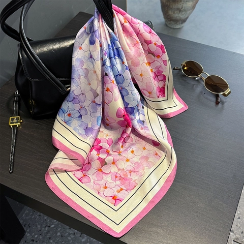 Mulberry Satin Square Scarf Elegant Hydrangea Floral Print Versatile Neck Head Wrap Professional Chic Fashion For Women