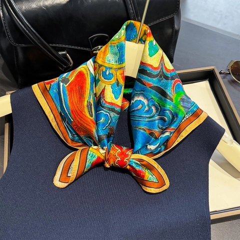 Mulberry Satin Scarf Square Neck Scarf Retro Ethnic Art Print Colorful Elegant Smooth Satin Vintage Fashion Accessory
