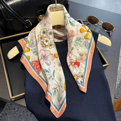 Elegante Pañuelo Cuadrado de Seda de Morera para Mujer Estampado Floral Vintage Pañuelo Pequeño para Cuello Cabeza Pelo Bandana
