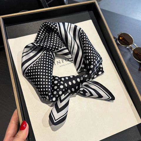 Mulberry Satin Square Scarf Women Black White Polka Dot Striped Elegant Professional Necktie Neck Scarf Accessory