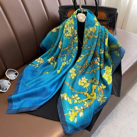 Vierkante Sjaal Met Olieverfprint Dubbelzijdige Polyester Satijnen Sjaal Bloemen Sjaal Elegant Modeaccessoire