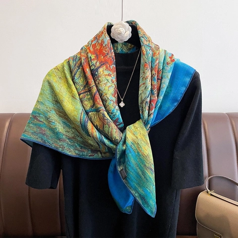 Vierkante Sjaal Met Olieverfprint Dubbelzijdige Polyester Satijnen Sjaal Bloemen Sjaal Elegant Modeaccessoire