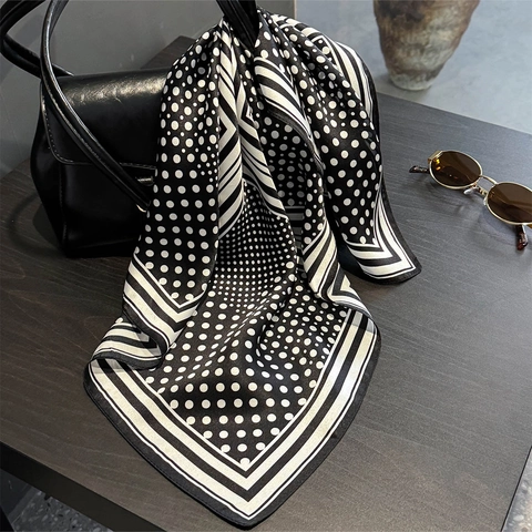 Mulberry Satin Square Scarf Women Black White Polka Dot Striped Elegant Professional Necktie Neck Scarf Accessory