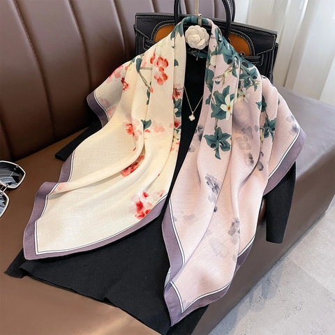 Vintage Floral Print Square Scarf Double Sided Satin Like Polyester Elegant Head Neck Wrap For Women Travel Beach Sun Protection