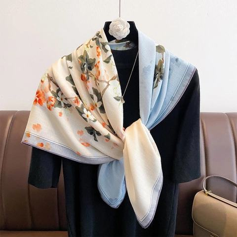 Vintage Floral Print Square Scarf Double Sided Satin Like Polyester Elegant Head Neck Wrap For Women Travel Beach Sun Protection